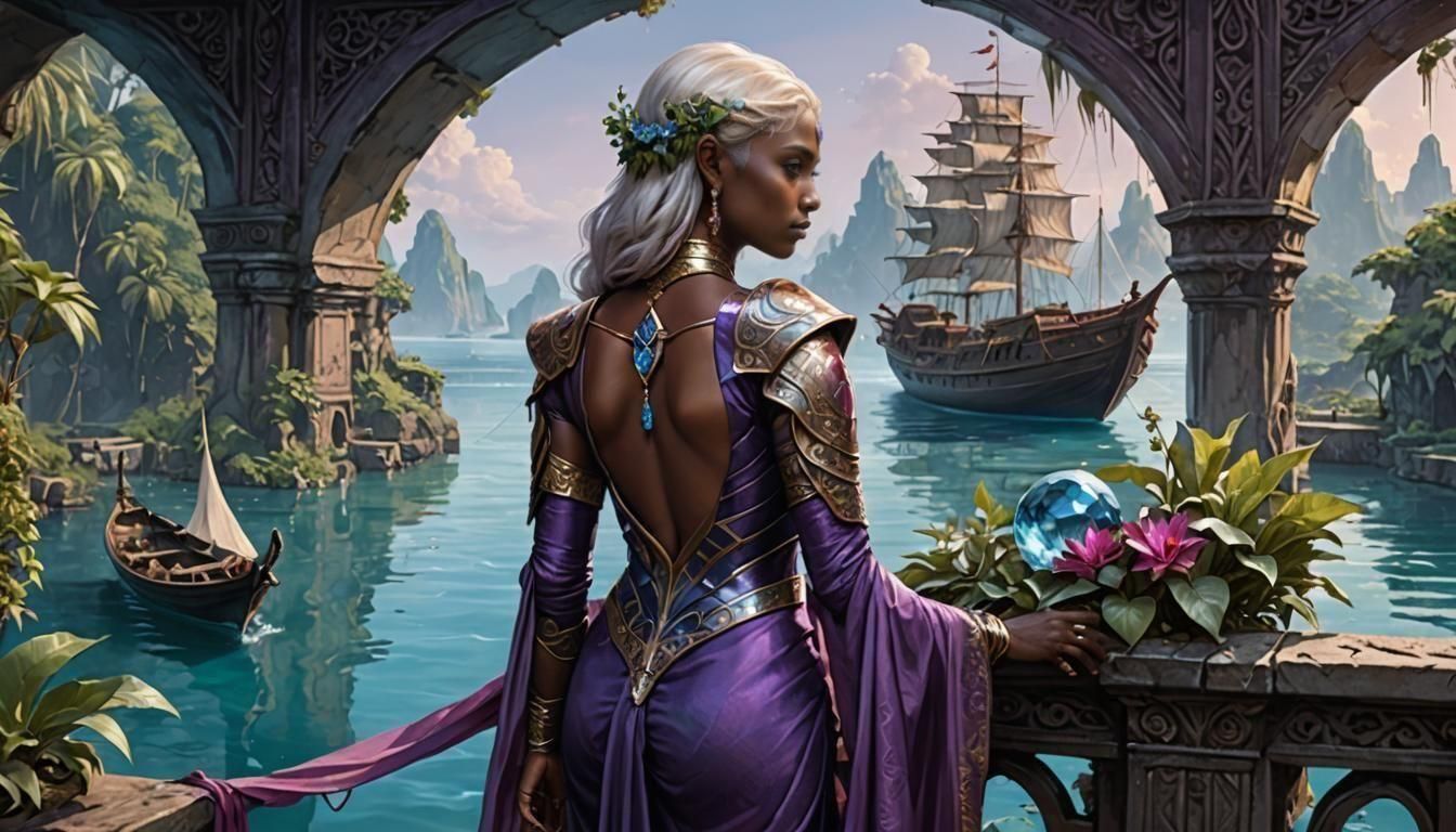Elven Priestess Contemplates Tropical Seas