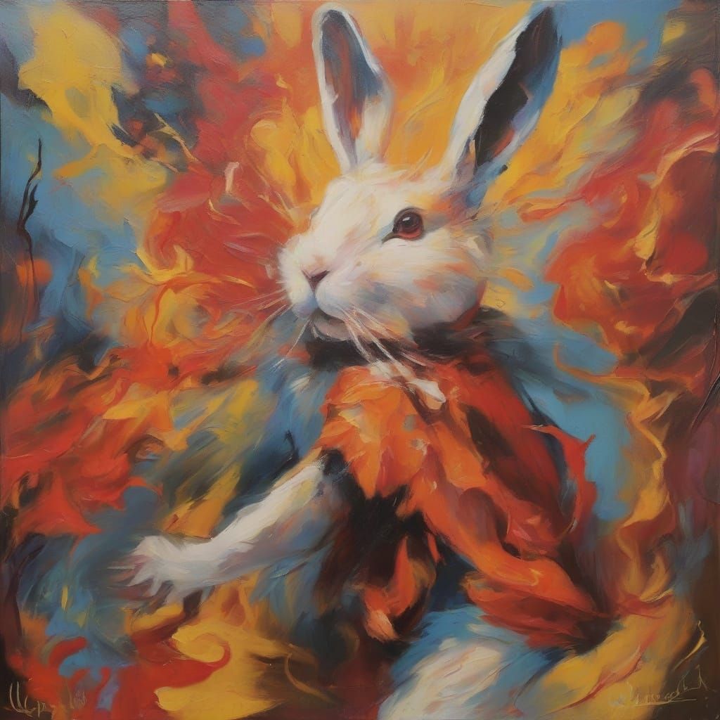 Surreal Rabbit Dances With Devil in Fiery Whirlwind