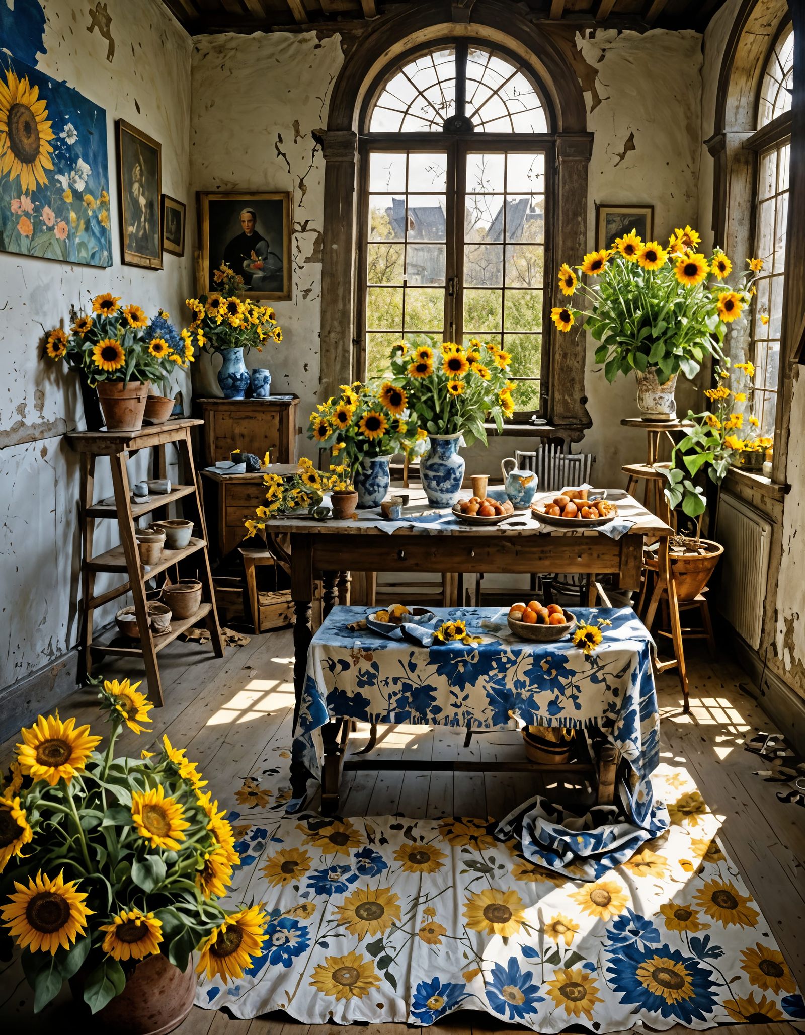 Trestle Table with Flowers in Radiant Light