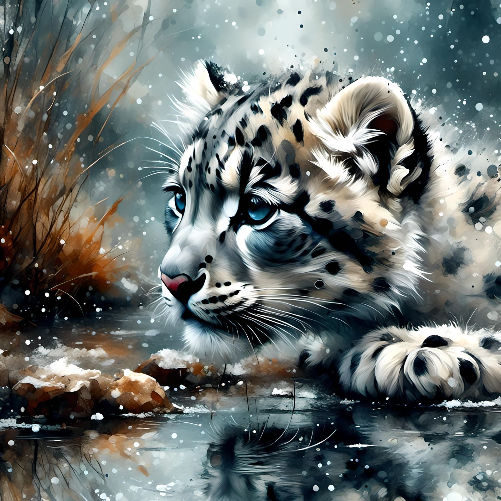 Snow Leopard Cub Drinks During Blizzard: Oil Painting Aesthe...
