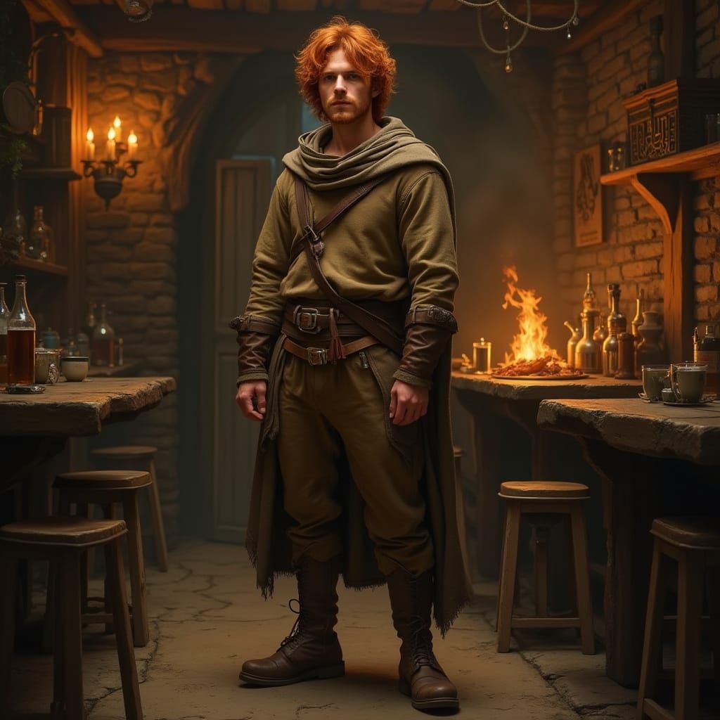 Confident Young Adventurer in Rustic Tavern