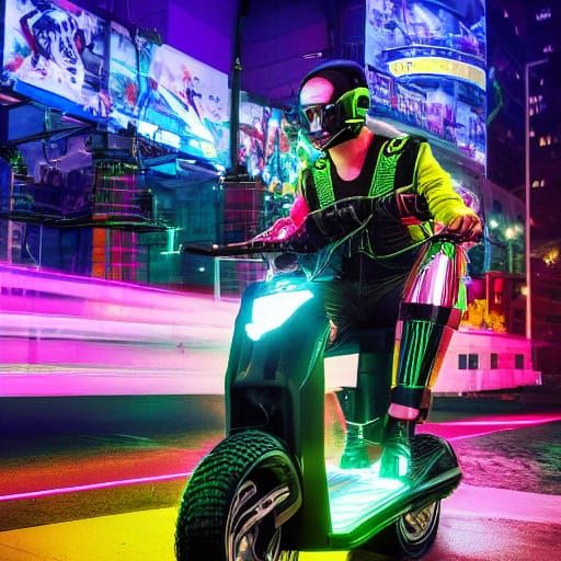 A Sci Fi punk-electric scooter rider with long, spiky mohawk hair and a tech-themed outfit rides an electric scooter. Th...