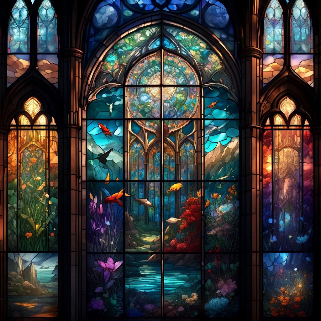 Fantastical Stained Glass Mural in Detailed Matte Style