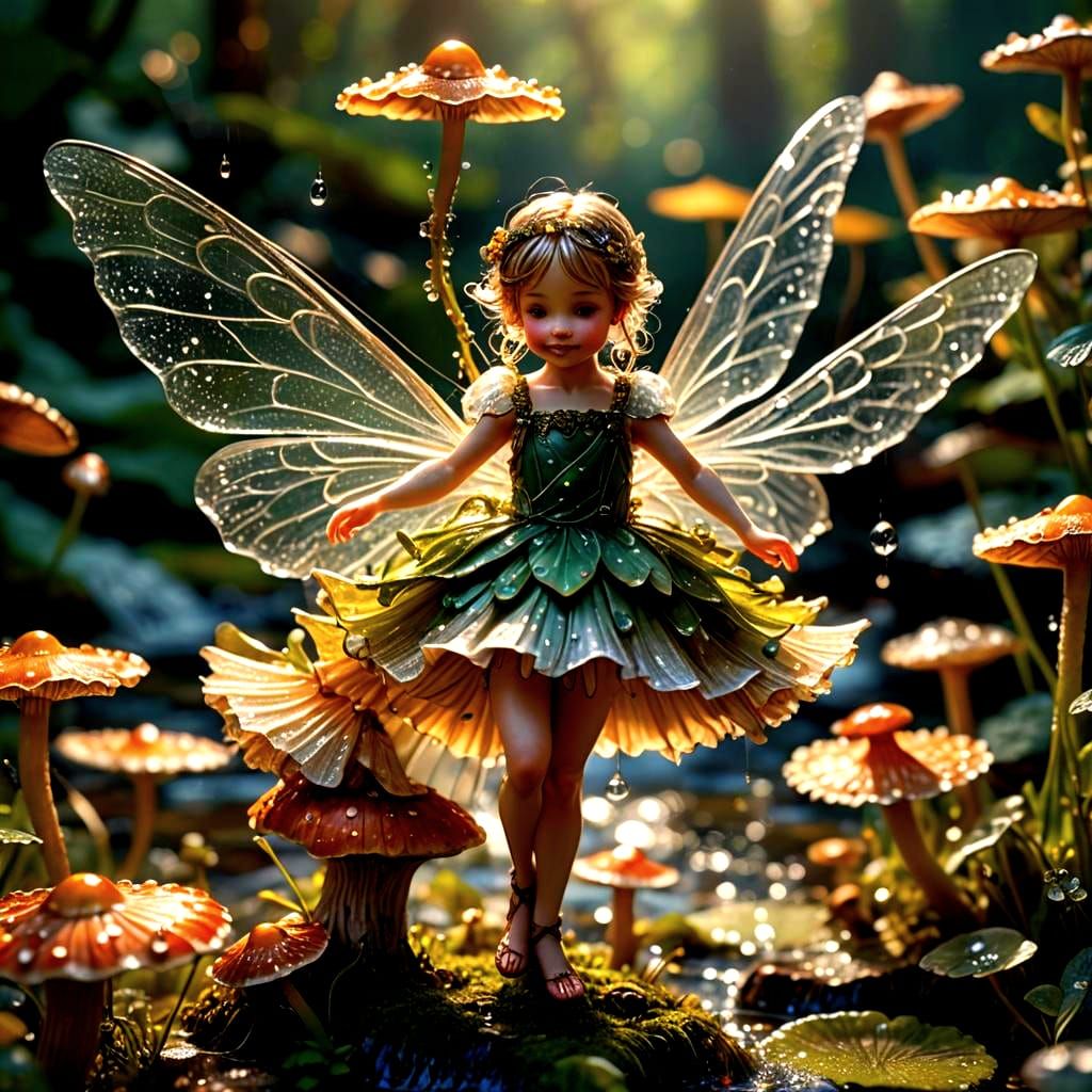 Detailed Macro Photograph of a Fairy Dancing on Mushroom