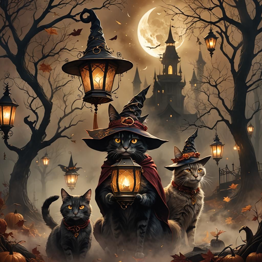 Mystical Halloween Cats in Autumnal Gothic Setting