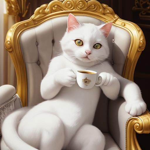 Princely White Cat Enjoys Coffee