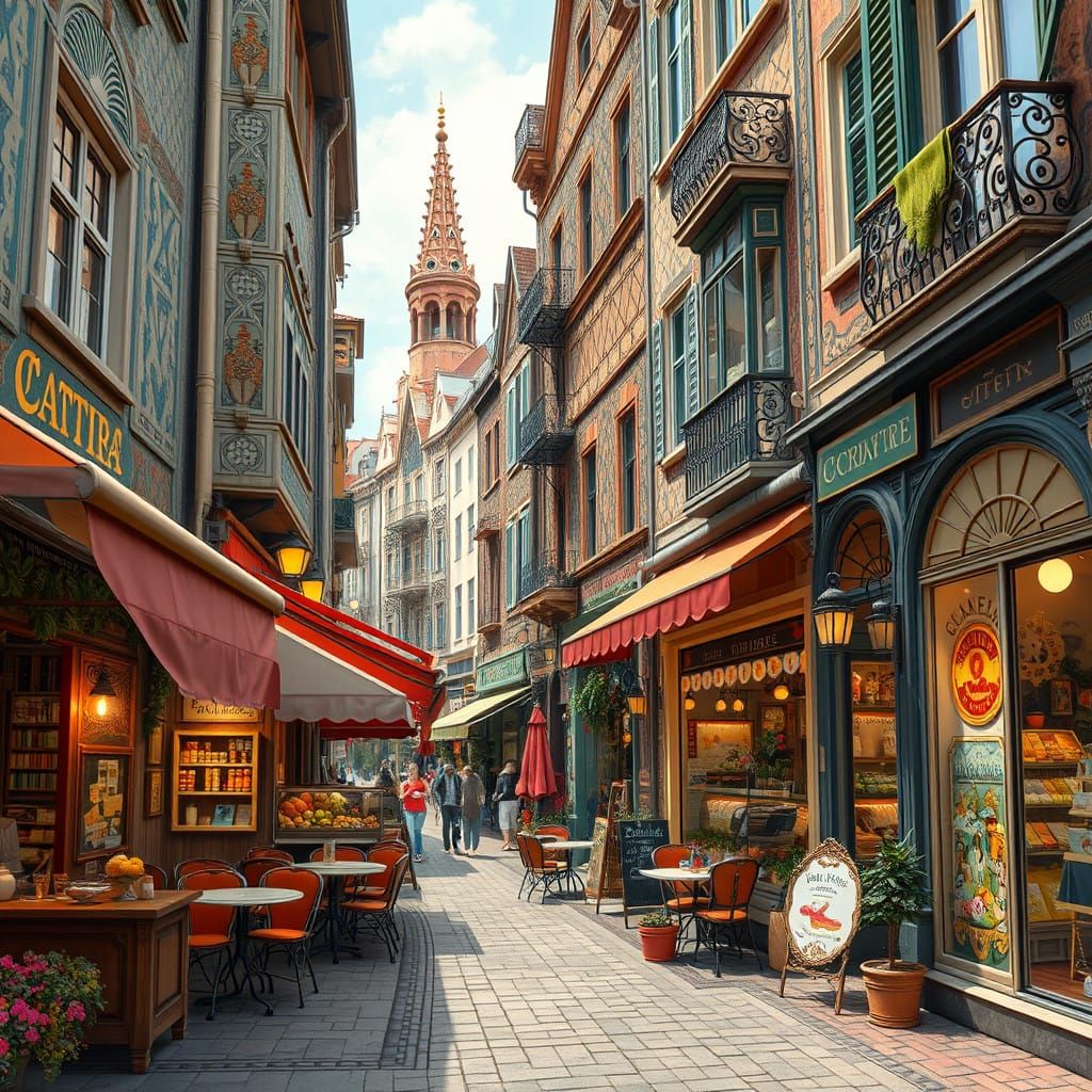 Whimsical Street Scene with Art Nouveau Patterns and Cozy Ca...