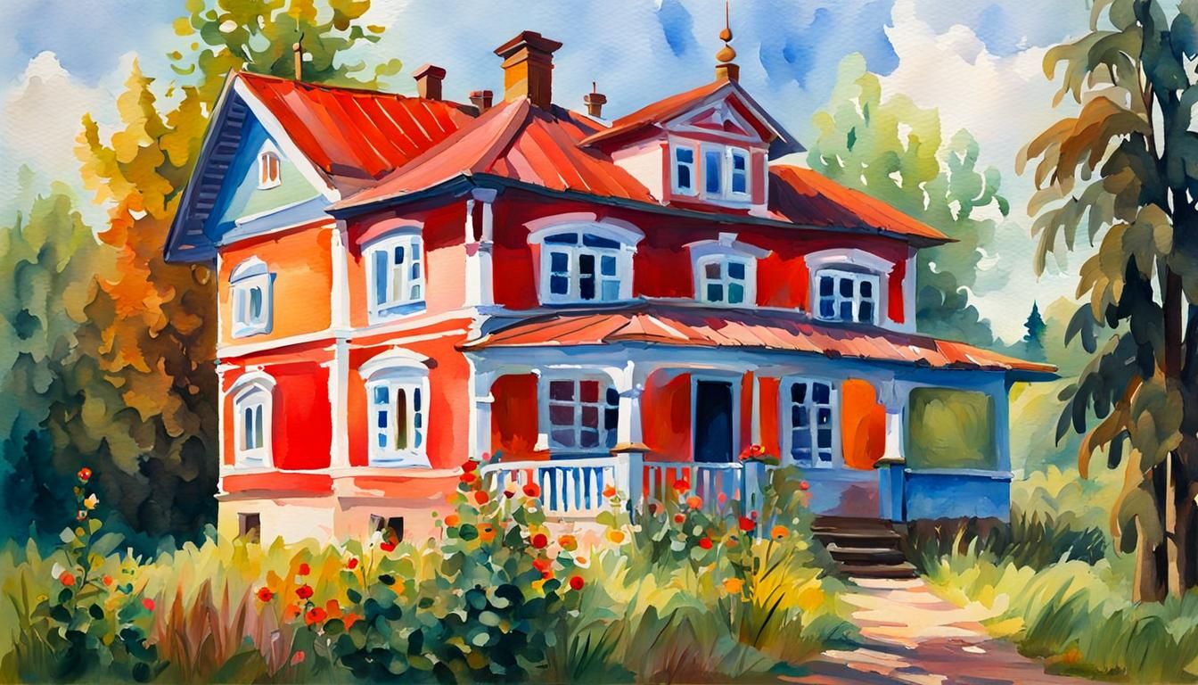 Russian Dacha in Gouache Style Impressionist Painting