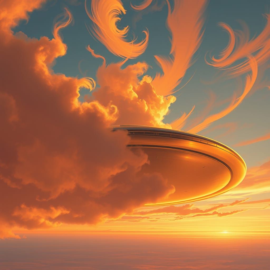 Cosmic UFO Emerging from Golden Sunset Clouds