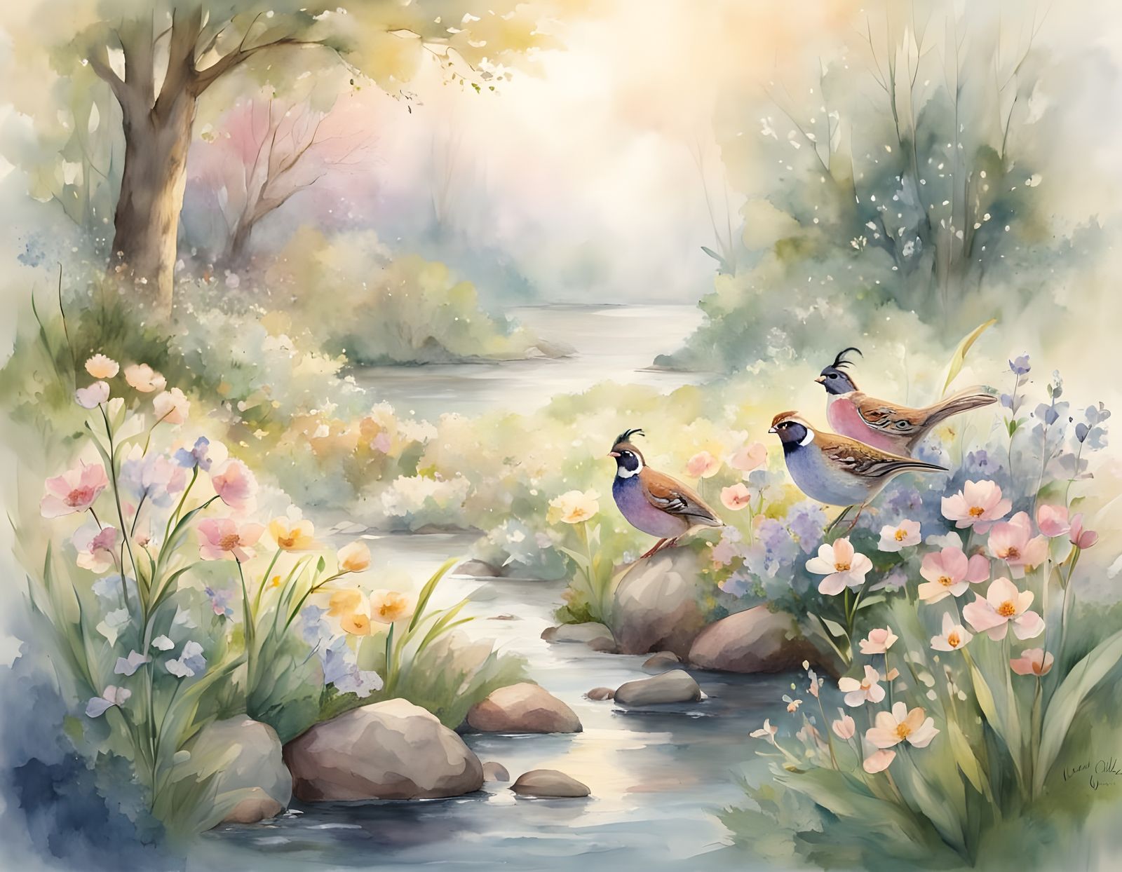 Whimsical Quail Family in a Watercolor Meadow Scene