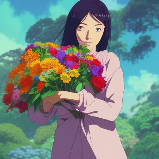 Beautiful Woman with Flowers in Anime Style