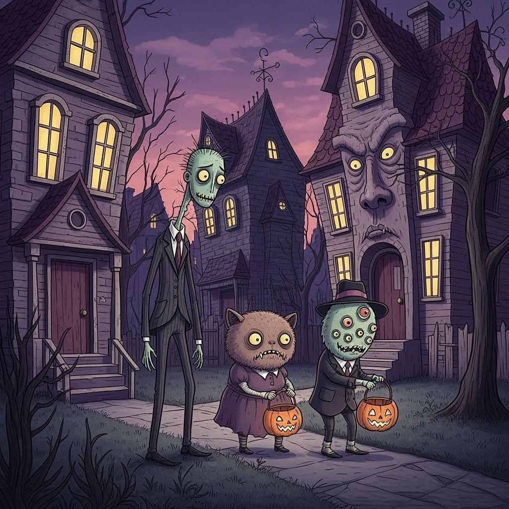 Monsters Trick-or-Treating in a Spooky Neighborhood