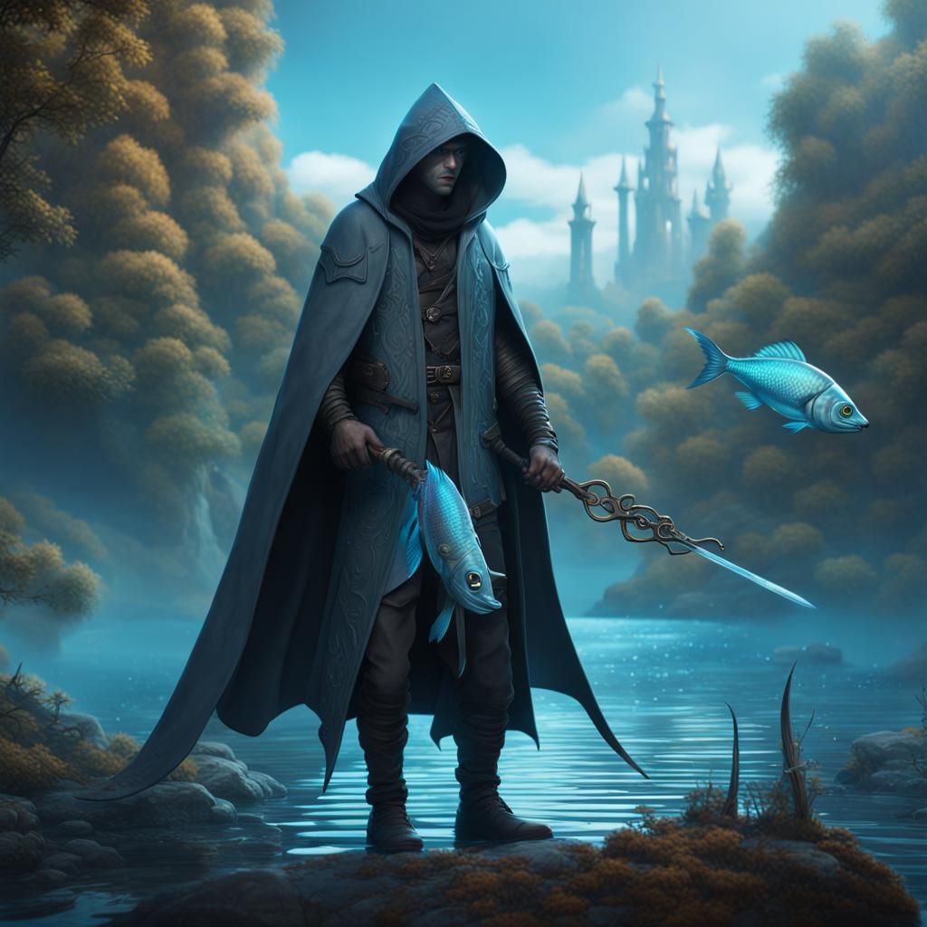 Aquatic Swordsman in Hooded Cloak, Digital Art