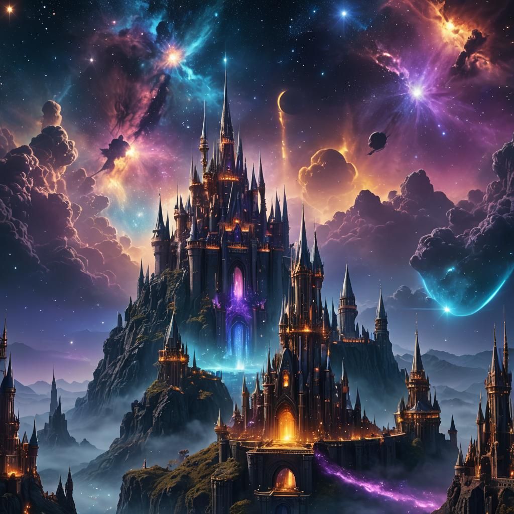 Nebula Castle Spaceship: Epic Deep Space Matte Painting