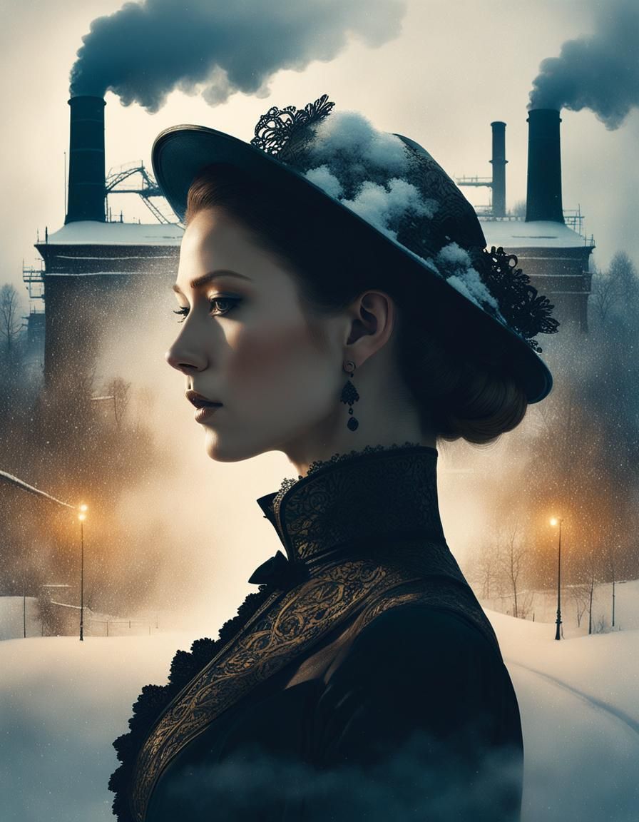 Victorian Woman Silhouette in Double Exposure