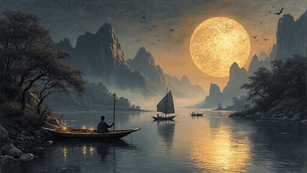 Moonlit Chinese Boats on Silver Foil River