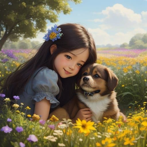 Child and Puppy Play in Flower Field with Dappled Sunlight