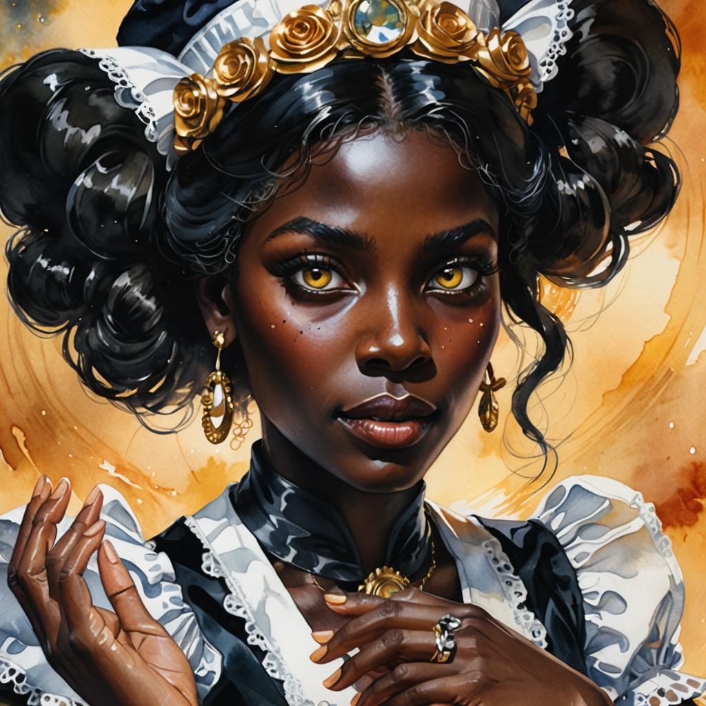 Close up diabolical Hypnotic eyed bony French maid black beauty witch with pulsating energy beams George Petty watercolo...