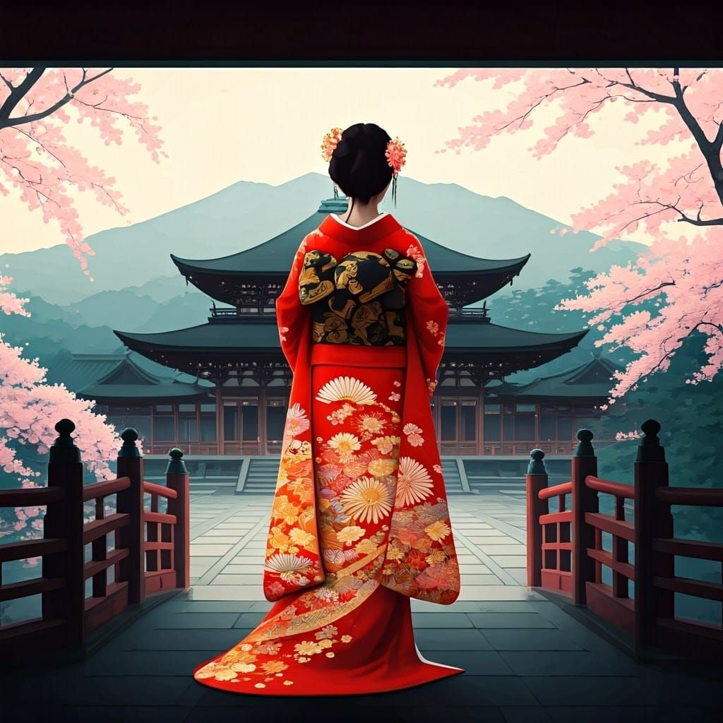 Japanese Woman in Kimono with Temple Silhouette