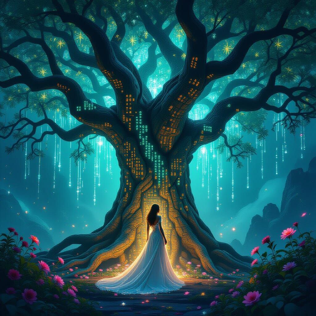 Ancient Digital Tree with Cyberpunk Woman