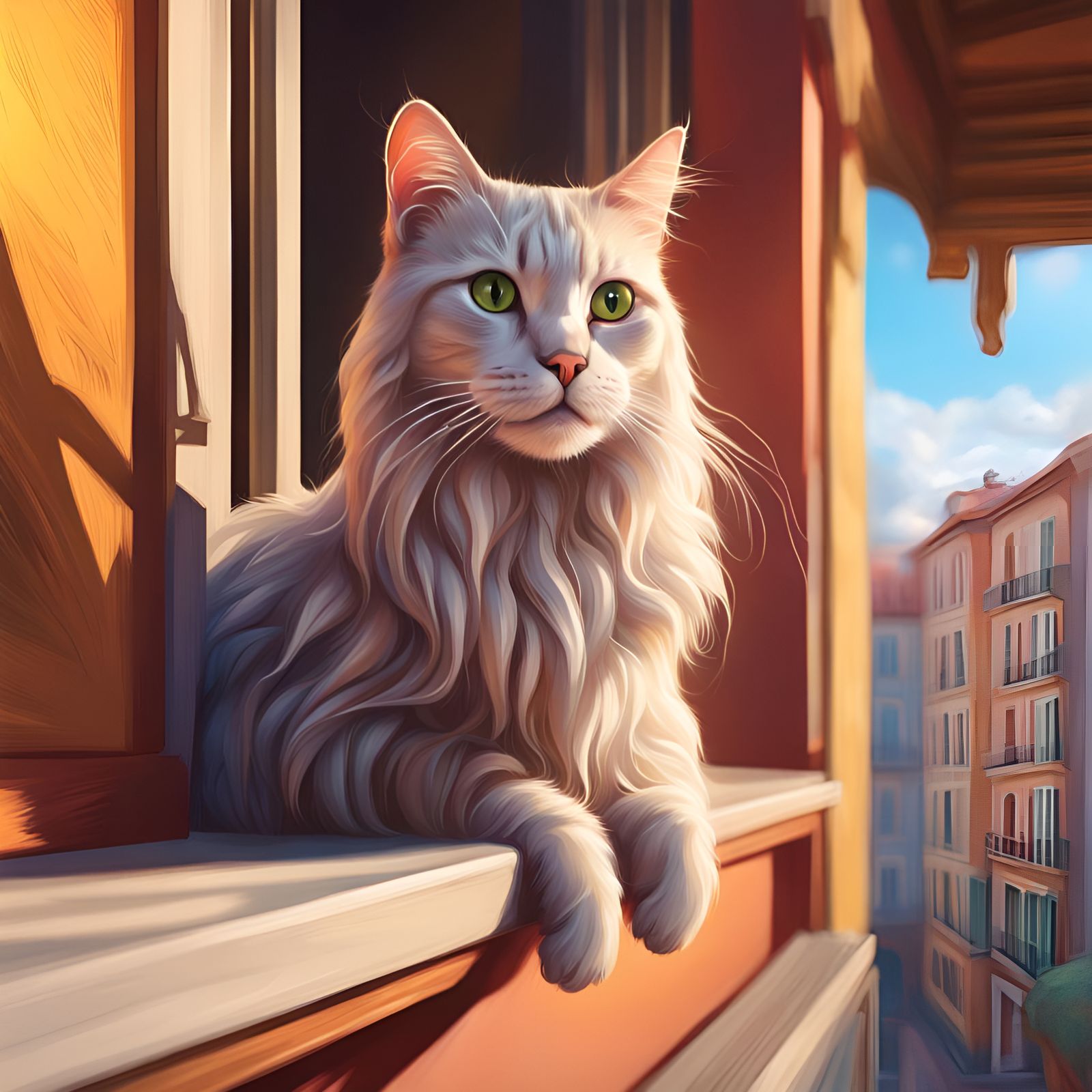 Cat Rapunzel on Balcony in Splash Art Style