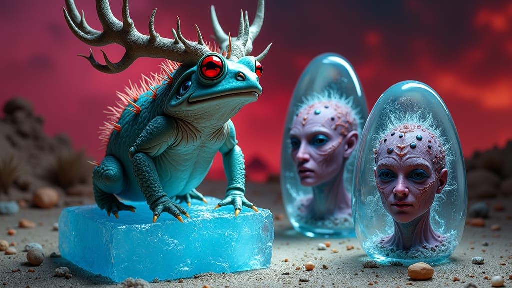 One-Horned Toad on Ice Block: Surrealist Dreamscape