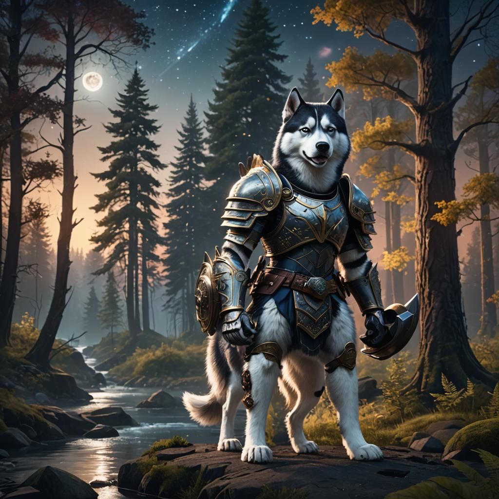 Armored Husky Centaur in Forest at Night