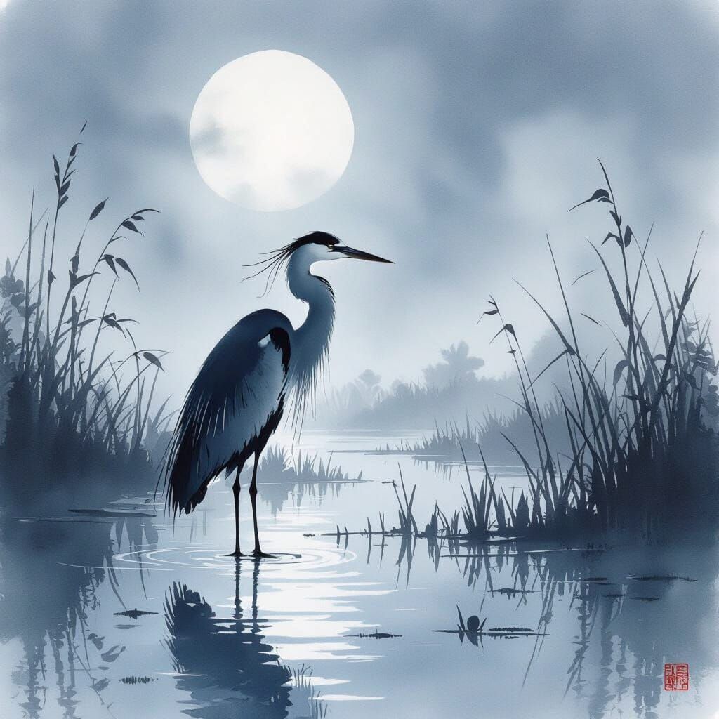 Heron in Misty Moonlit Marsh, Japanese Ink Wash Style