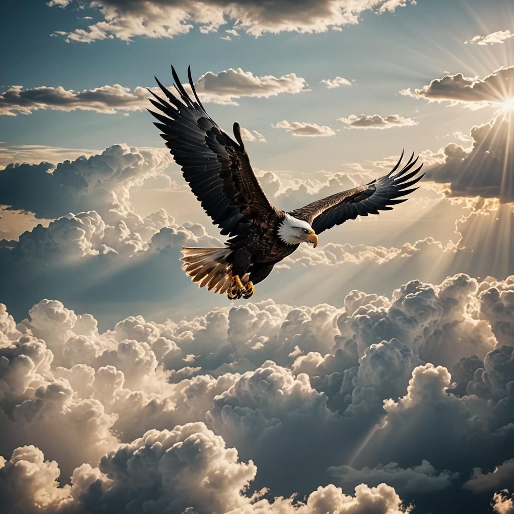Eagle Soaring in Clouds with Divine Light