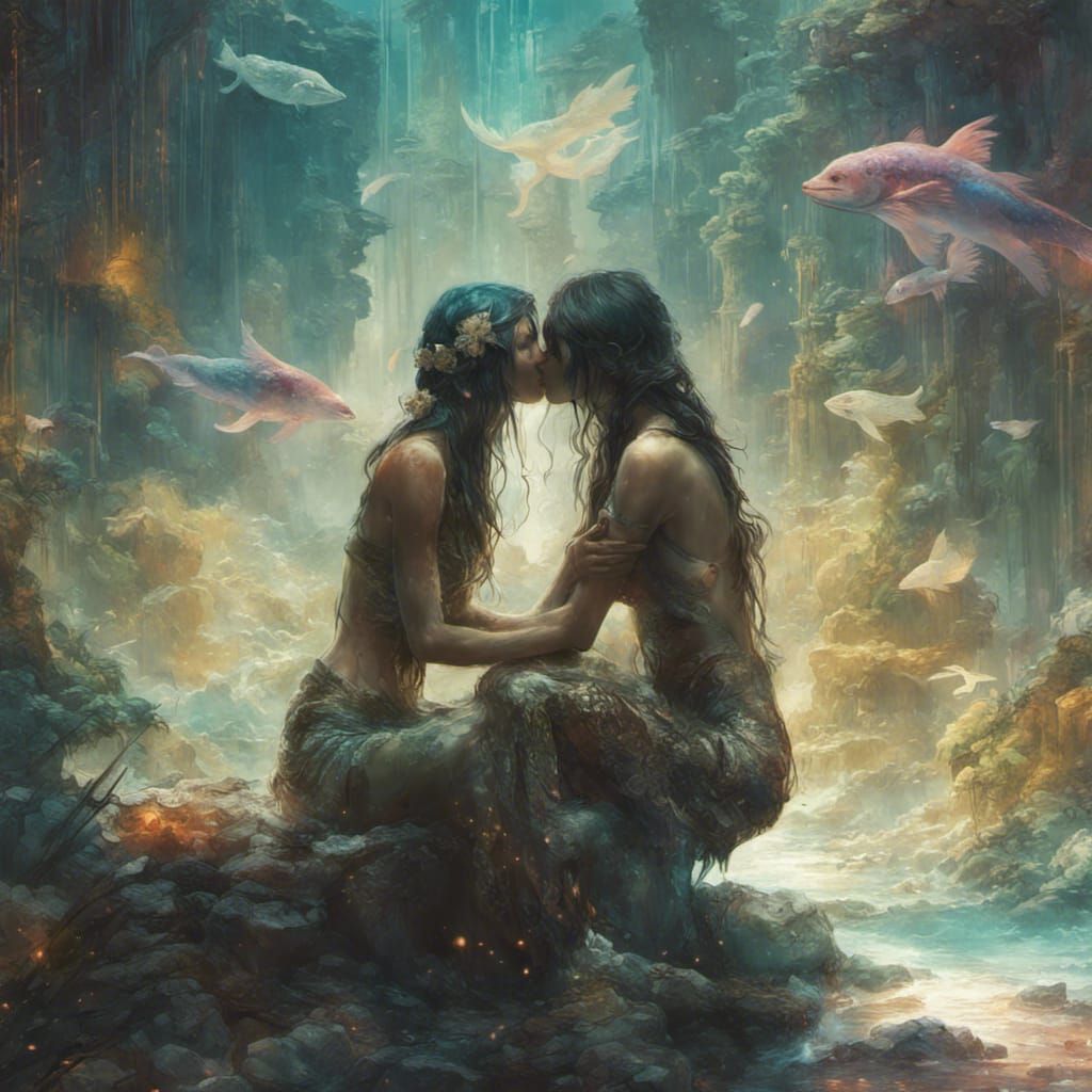 Iridescent Mermaids Kissing in Oasis: Detailed Fantasy Art