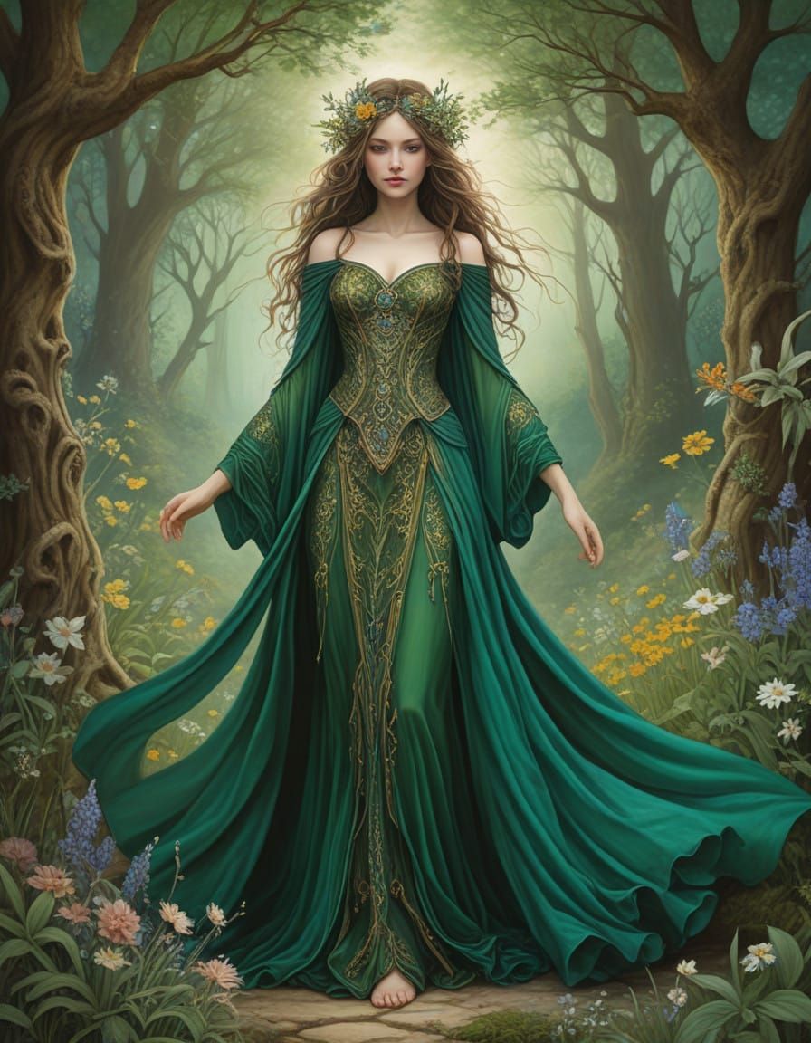 Goddess of Spring Emerges in Whimsical Forest Scene