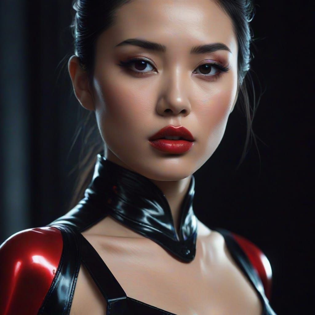 Chinese Woman with Red Lips in Dramatic Black and White