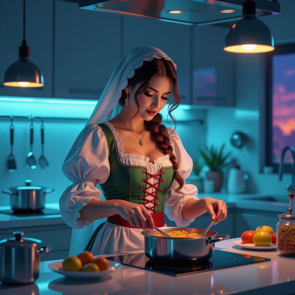 Medieval Tradwife Cooks in Futuristic Kitchen