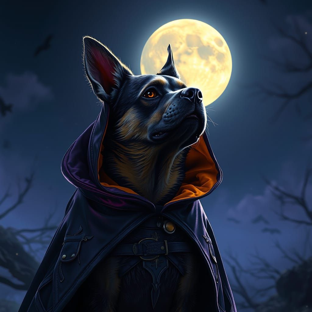 Dog in Vampire Cape Under Full Moon Dark Fantasy Art