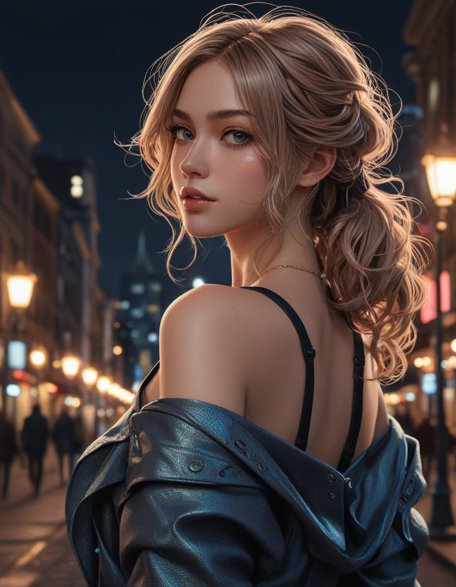 Anime Woman Grinning in Moody City Nightscape