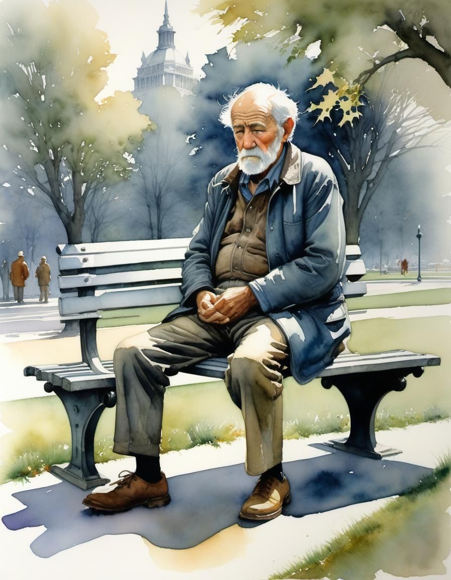 Old Man on Park Bench in Watercolor Style