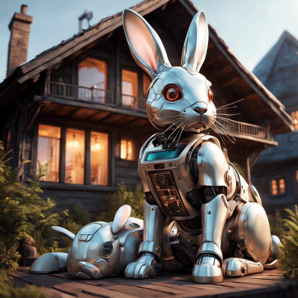Solarpunk Bunny Repairs Robot Dog in Cozy Cottage