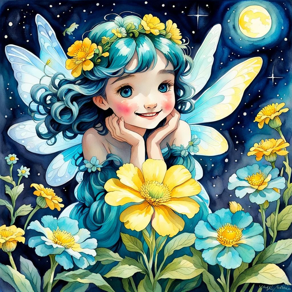 Exuberant Fairy Giggling in Moonlit Garden Watercolour