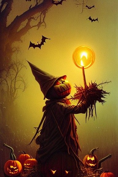 Pumpkin Scarecrow with Glowing Eyes in Moonlight