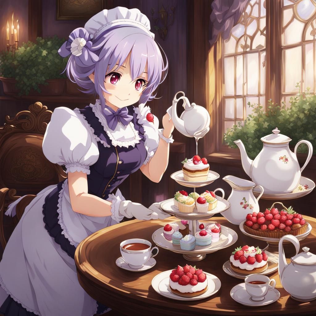 Lavender Haired Maid Serving Tea: Anime Style