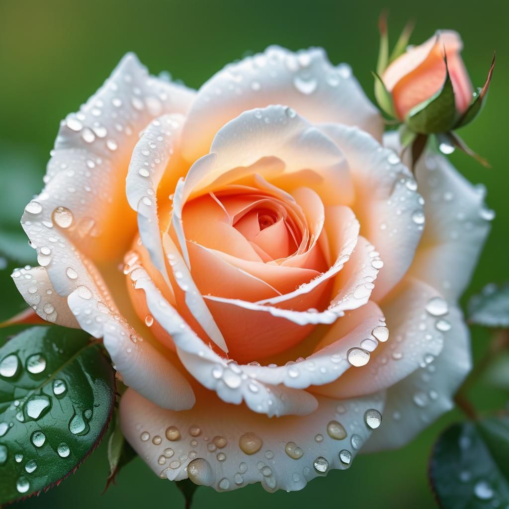 Macro Photo of Peach and White Rose with Dewdrops