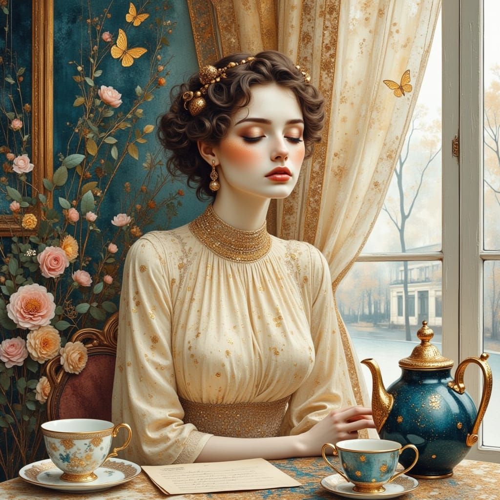 Woman Reading Letter in Cafe, Art Nouveau Style