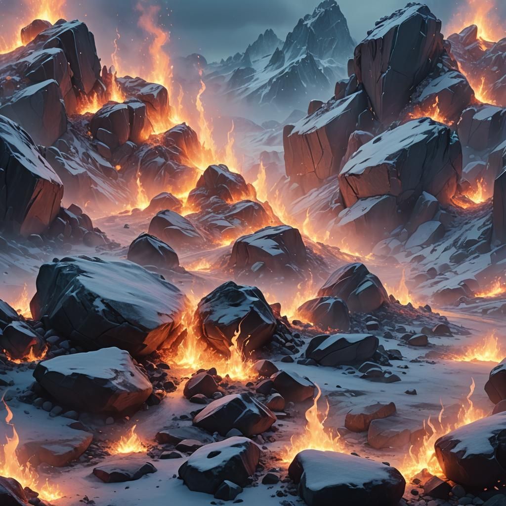 Icy Rocks Burning with Cold Flames: Digital Matte Painting