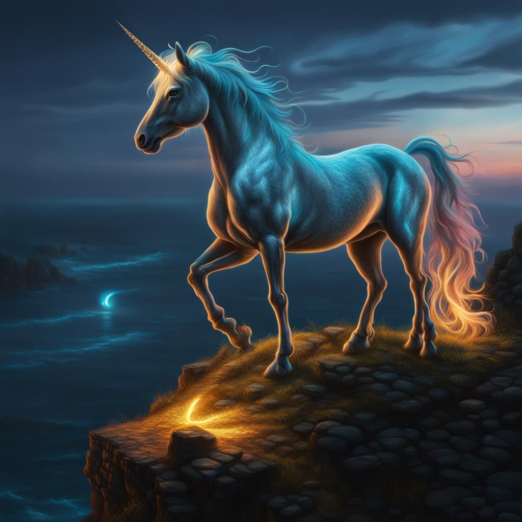 Bioluminescent Unicorn on a Cliff in Hyperrealism