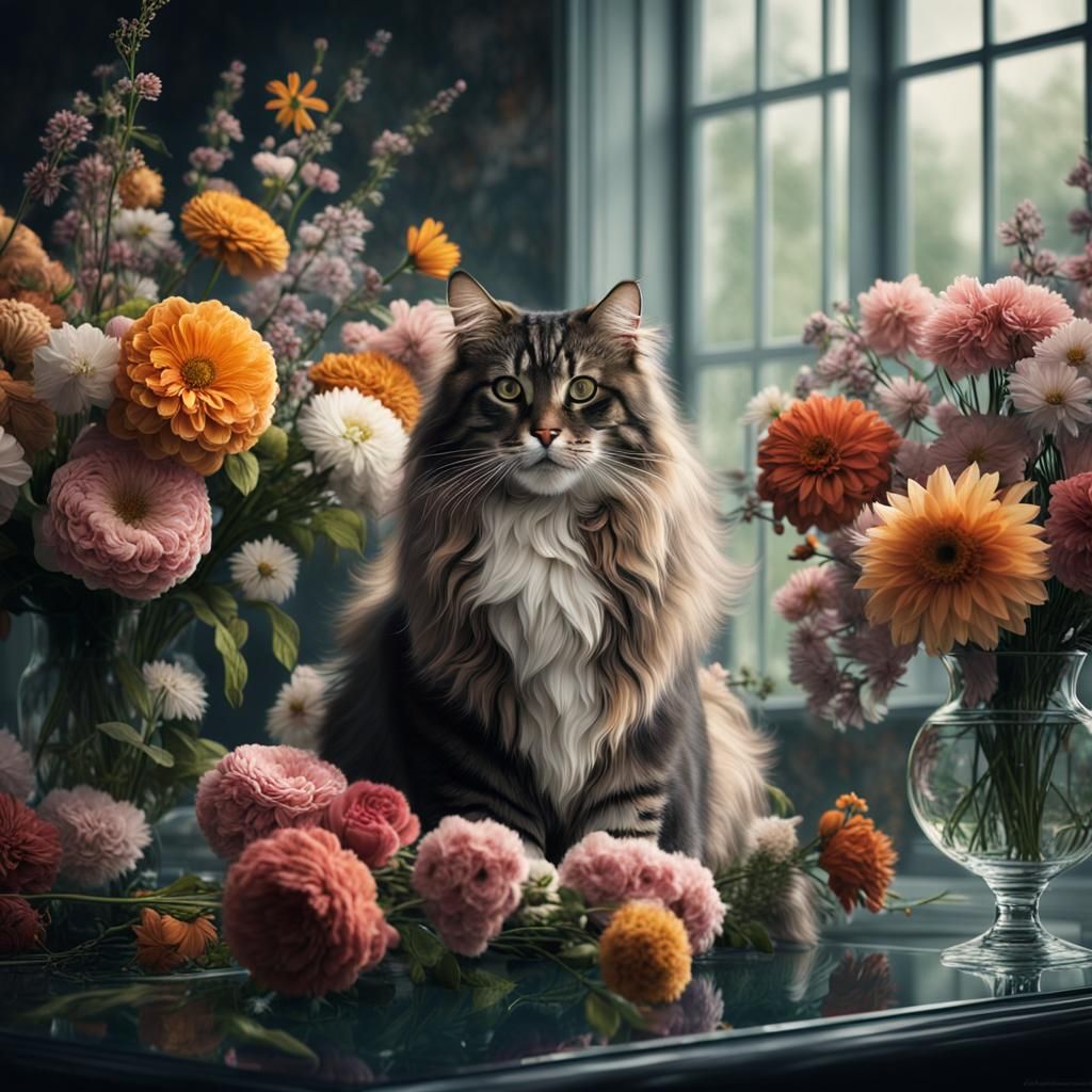 Floral Arrangement with Cat: Dramatic Digital Painting