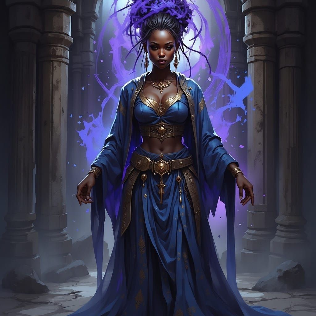 Mystical Woman in Indigo Robes, Surrealist Temple Scene