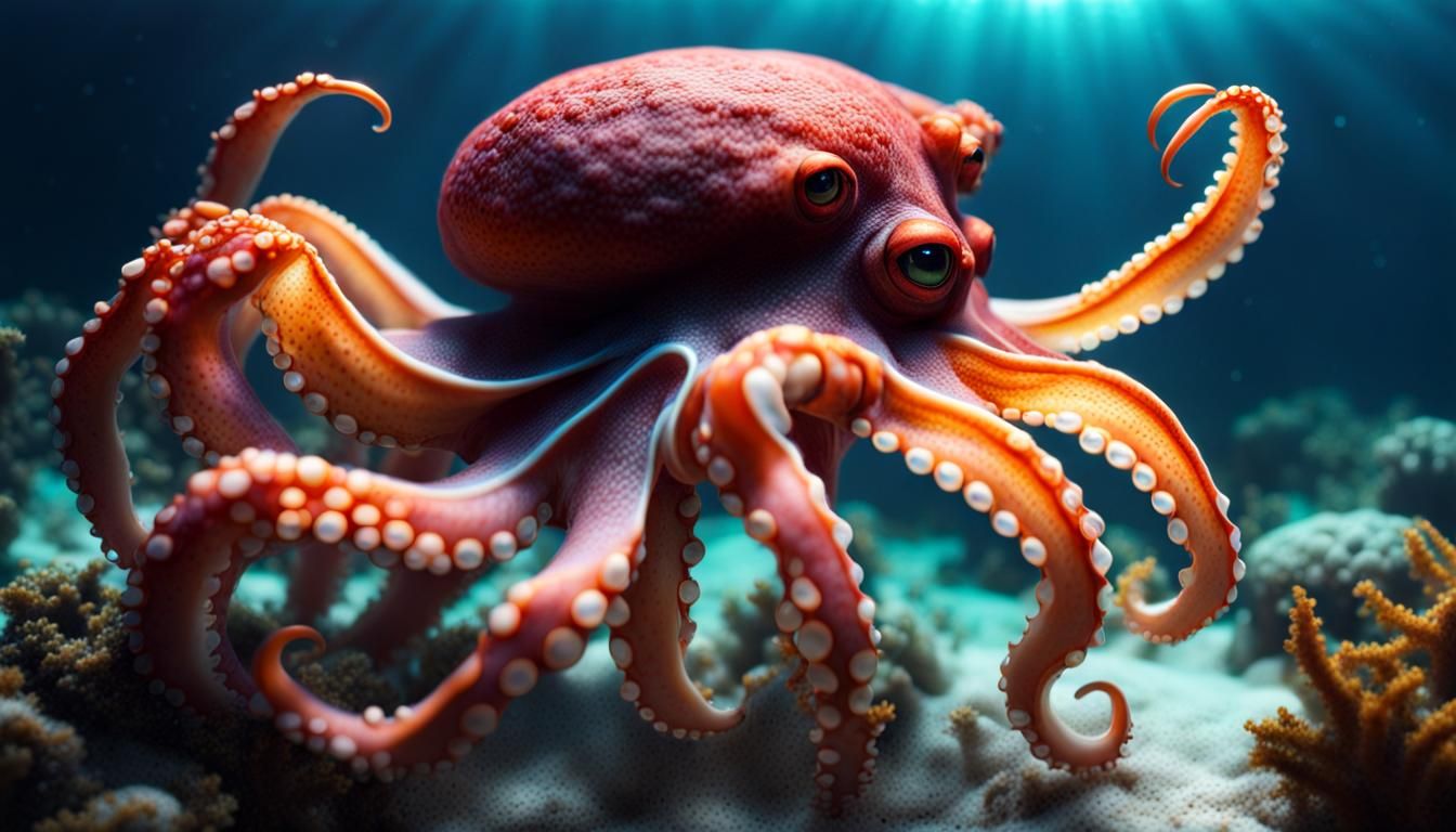 Glowing Octopus Captures Crab Underwater: Ultrarealistic 8k