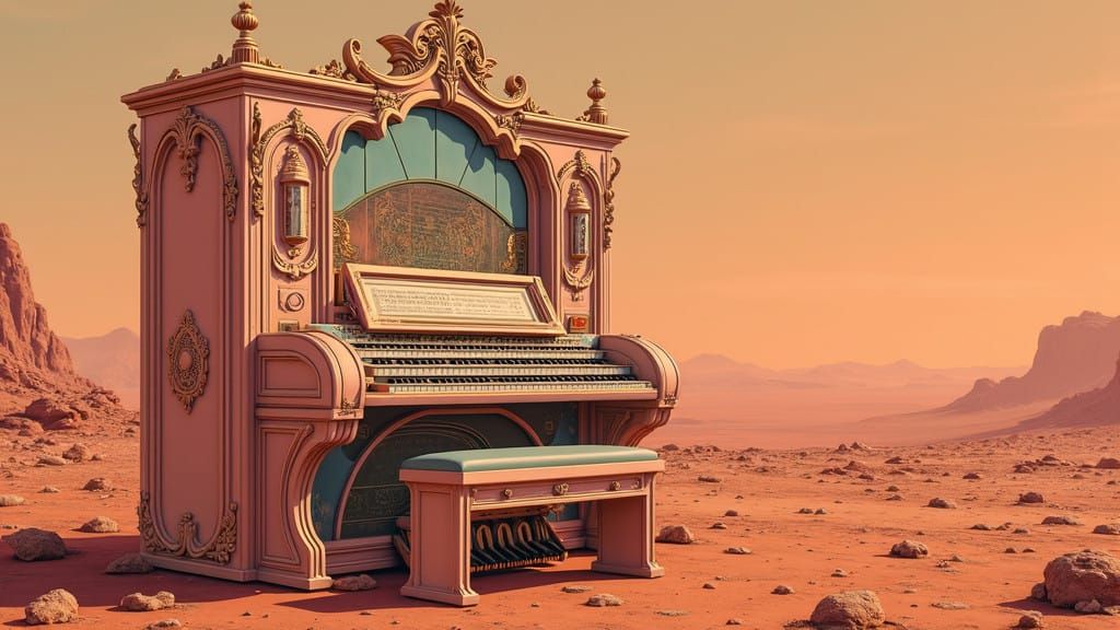 Surreal Pastel Grand Organ on Barren Mars Landscape in Futur...