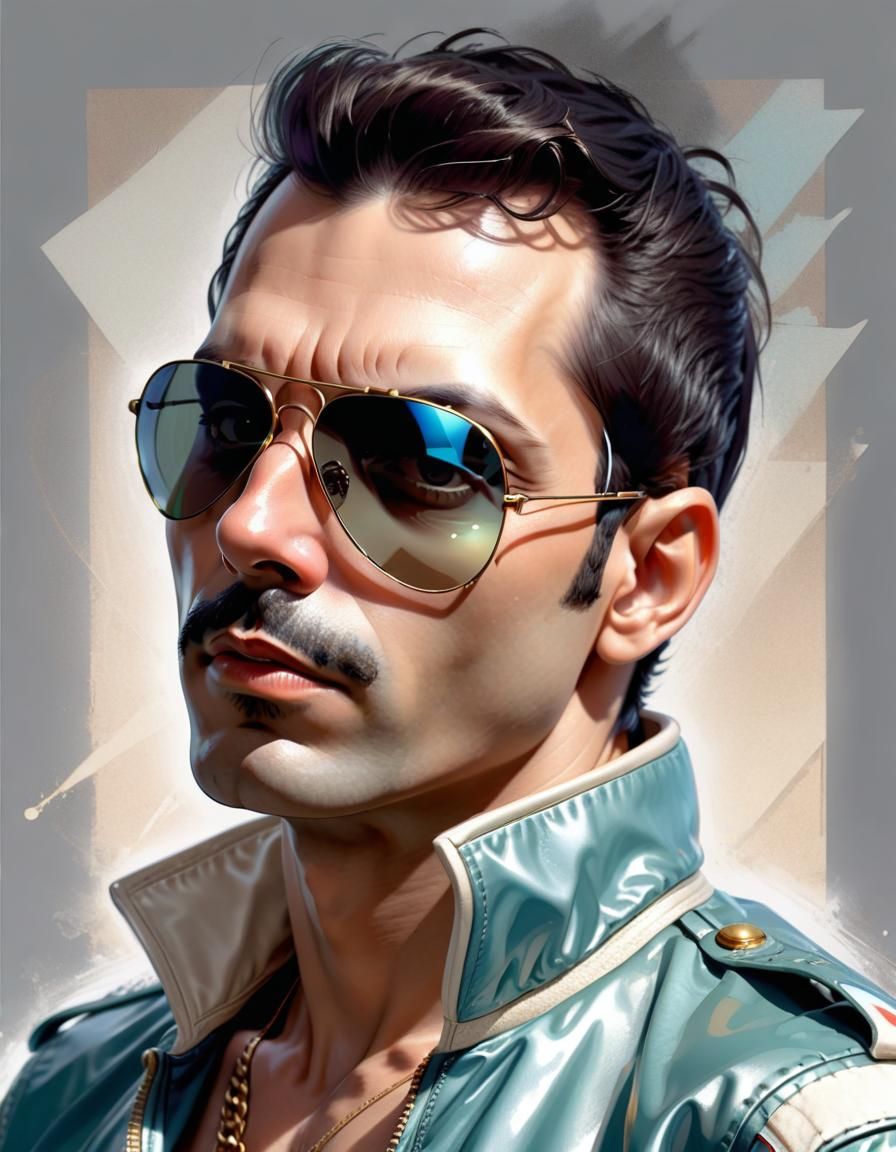 Freddie Mercury Portrait in Aviator Sunglasses
