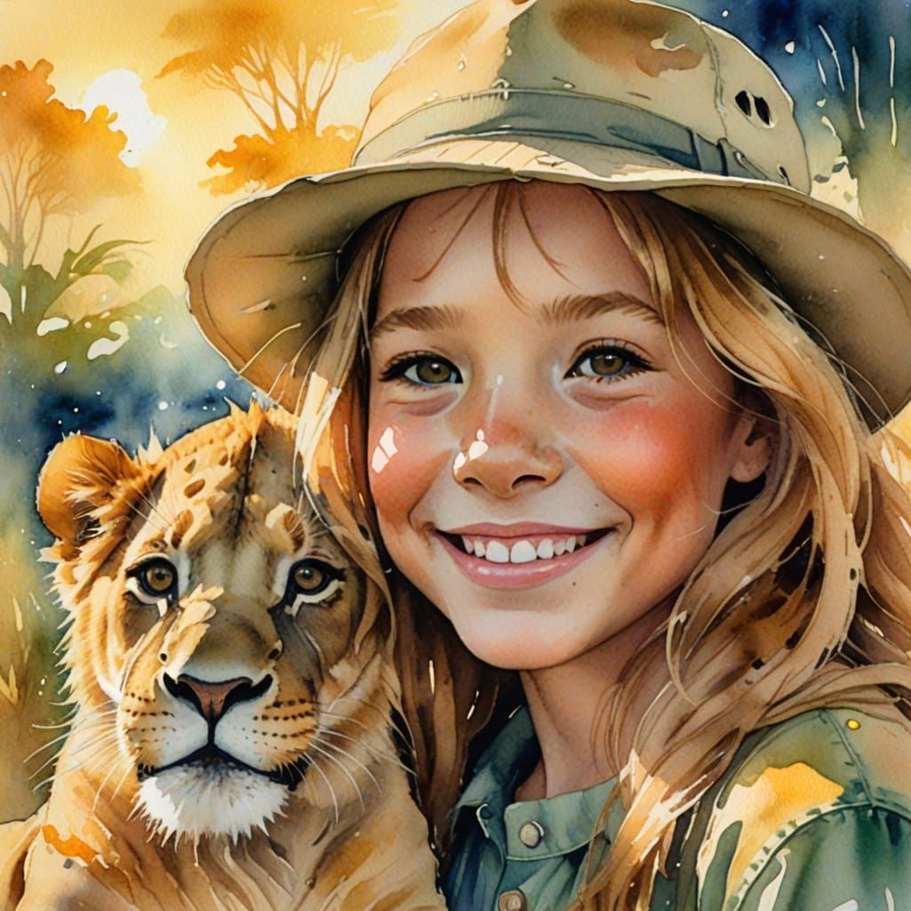 Lion and Girl Smile in Surreal Watercolor Style